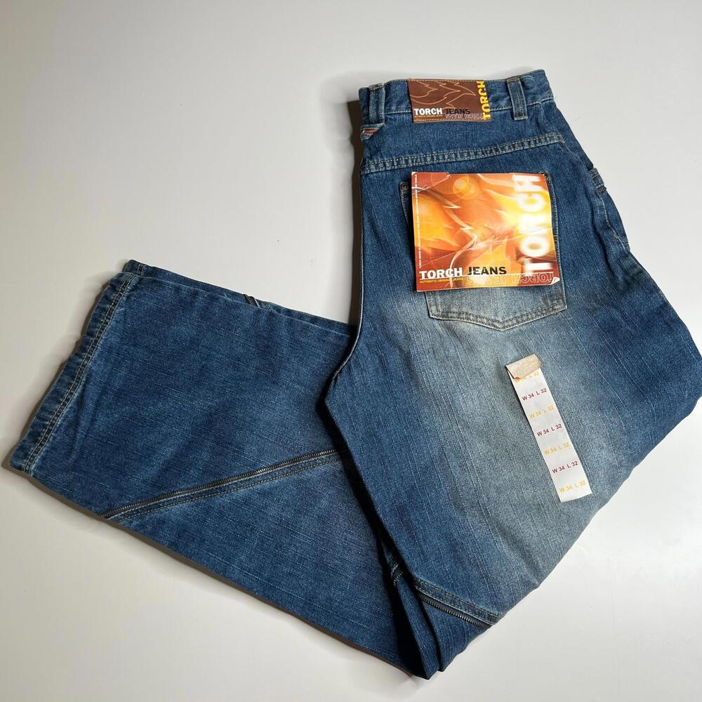 Torch‎ Jeans Men’s W34 L32 Blue Denim Jeans Straight Leg Y2K Style 55% Ramie 45%